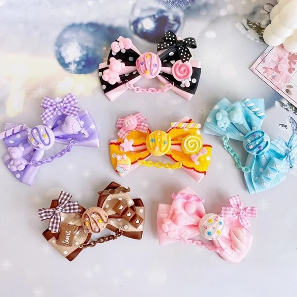 [£6.64]Cookie and Candy Bowknot Hairclips with Chain 11 Color Options