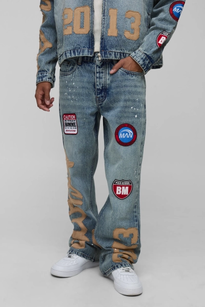Straight Flared Paint Splatter Applique Gusset Jeans