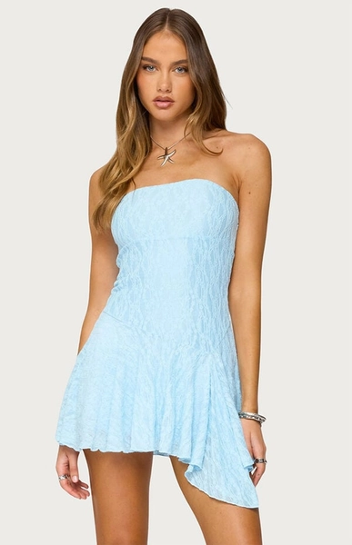 Elaia Asymmetric Strapless Lace Mini Dress