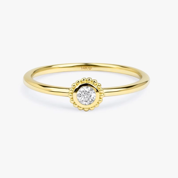 14K Solid Gold White Sapphire Ring, Engagement Stackable Beaded Bezel Setting, Promise Solitaire Winnie