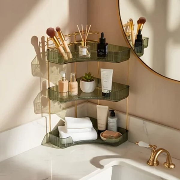 Living And Home 3-Tier Dark Green Corner Bathroom Counter Organiser With Top Makeup Brush Holder, 34.5Cm W X 46Cm H