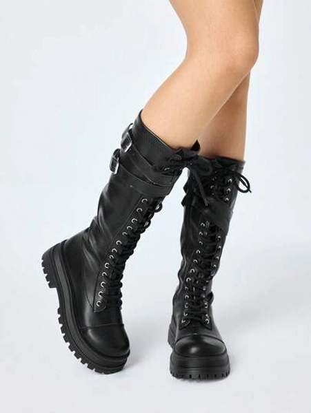 ROMWE Goth Women's Knee-High Boots Fashionable Lace-Up Thick-Soled Chunky Heel Women's Boots