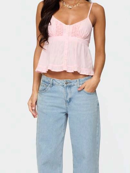 Women V Neck Y2k Babydoll Top Fairy Camisole Summer Ruffle Hem Tanks Cute Sleeveless Going Out Camis Shirt