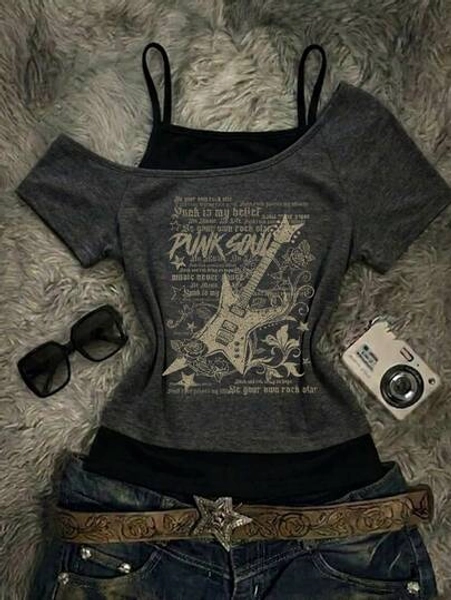 Attitoon Women's Dark Grey Punk Rock Guitar Print Short Sleeve T-Shirt,Summer Grunge Music Festival Y2K Goth Casual Color Block Retro Streetwear Vintage Top - Size XL