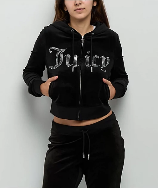 Juicy Couture Front Bling Licorice Velour Zip Hoodie