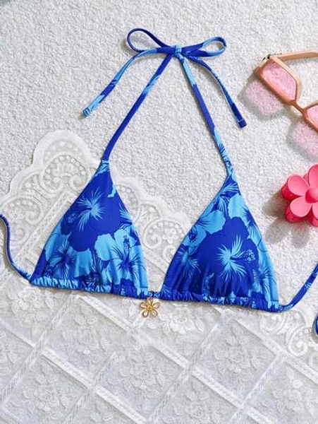 Swim Mod Beach Summer Outfits For Women, Random Flower Print Metal Decor Halter Triangle Bikini Top