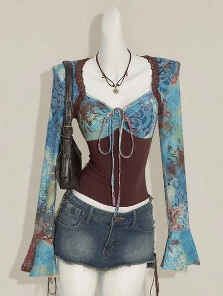 SHEIN ICON Women's Vintage Print Long Sleeve Ruched Patchwork Loose Blouse