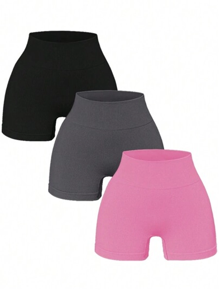 3pcs/Set Women Seamless Yoga Shorts, High Waist Stretch Workout Shorts Women Boxer Shorts