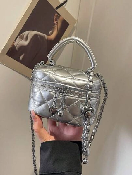 New Fashion Classic Versatile PU Waterproof Fabric, Quilted Diamond Pattern Handbag, Lightweight And Portable Zipper Opening And Closing Design Love Zipper Decoration Crossbody Box Round Bag, Coin Purse Bag, Suitable For Shopping, Suitable For Travel, Shopping And Commuting.