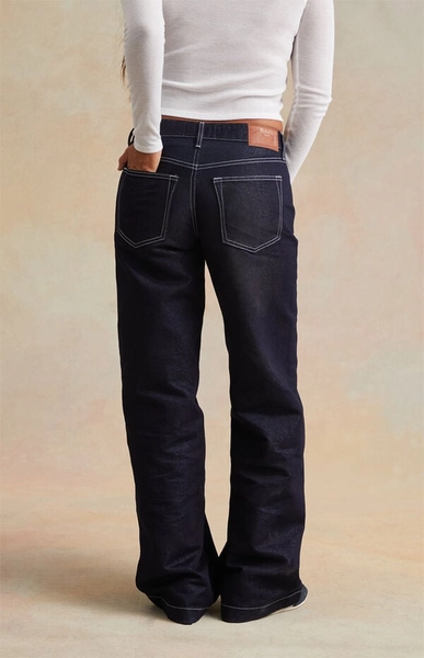 Dark Blue Metallic Contrast Stitch Low Rise Baggy Jeans