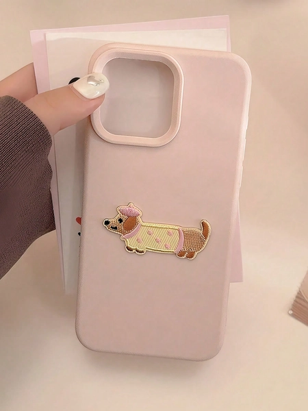 GUCADI 1pc Dopamine Color Gentle Minimalist Korean Style Embroidery Soft Plush Sausage Dog Pattern Protective Soft Case Compatible With Apple Phones, Premium Touch Feeling Anti-Drop Waterproof Shockproof Scratch Resistant