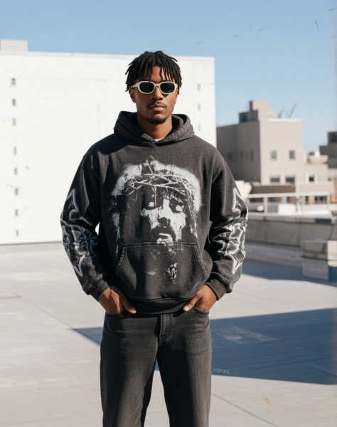 Vintage Jesus Print Graphic Acid Washed Oversized Hoodie
