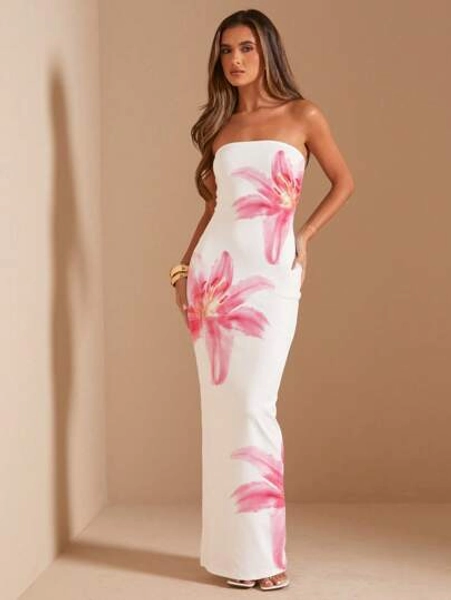SHEIN BAE Bandeau Fitted Long Dress/ Pink Floral Elegant Dress/ Holiday Dress/ Island Holiday Dress/ Beach Holiday/ Party/ Birthday/Summer Dresses For Women/Dresses For Women Summer/Vacation Outfits Woman/Beach Outfits For Woman/Wedding Guest Dress Women/Birthday Dresses For Women/Dresses For Women Elegant/Birthday Outfits For Women Chic Dress