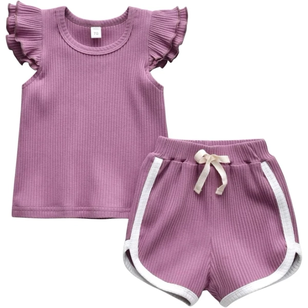 Infant Baby Girls Solid Ruffle Sleeveless T-Shirt Tops Shorts 2Pcs Clothes Set