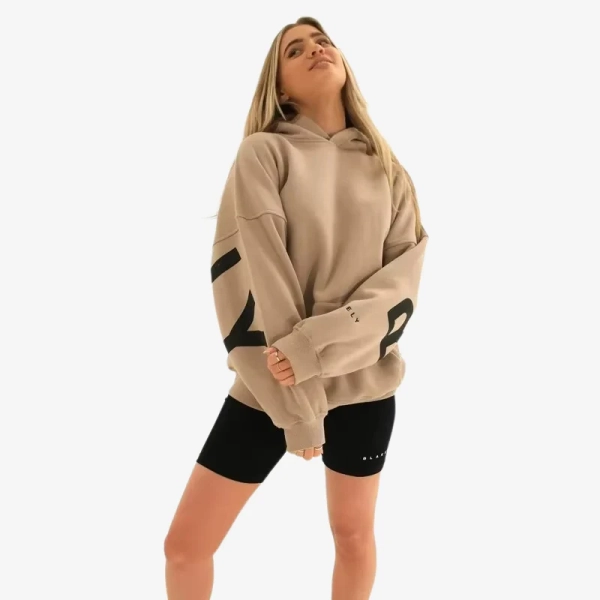 Lily - Long Sleeve Oversized Hoodie with Ribbed Design - Khaki / S