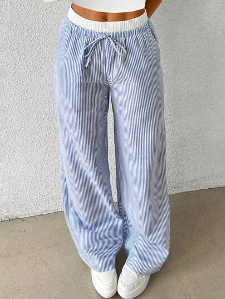 SHEIN Tween Girl Comfortable Simple Loose Fit Wide-Leg Pants With Contrast Color Trim, Mid-Waist