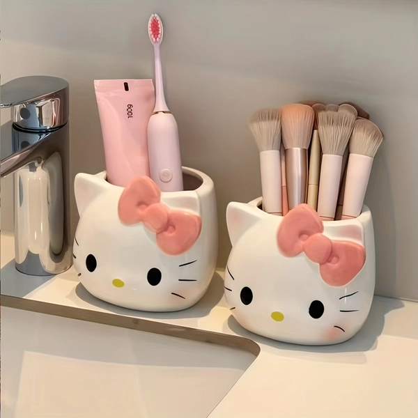 2pcs Pcs Hello Kitty Pen Holder & Storage Box - Cute Iconic KT Cat Face Design Plastic Desk Organizer Suitable for, Office, Travel - Multifunctional for Pens, Brushes, Small