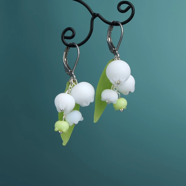 Lily of the valley earrings dangle • White flower spring jewelry • Green floral blown glass