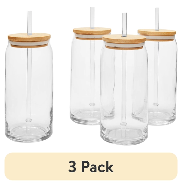 (3 pack) Mainstays Briar Can Glass Drinkware with Lids & Straws, Set of 4 - Walmart.com