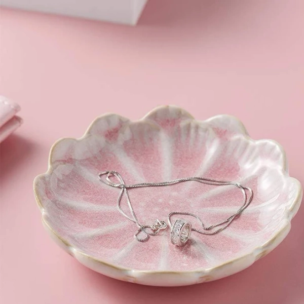 Lark Manor Pink Ceramic Flower Shape Jewelry Dish with Tray