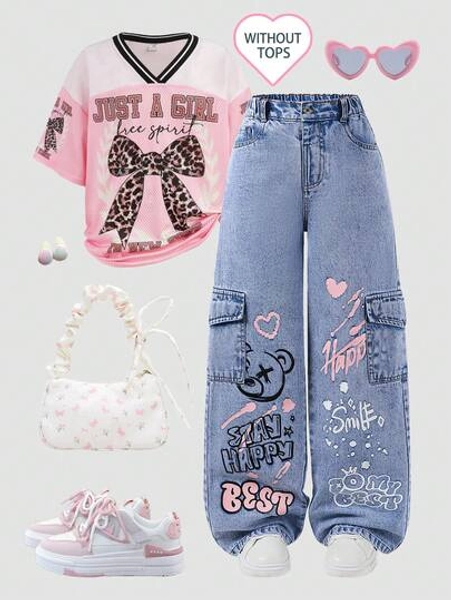 SHEIN Tween Girls' Denim Cargo Wide Leg Pants, Chic Street Fashion Casual Sporty Style Recommended For School, Vacation, Black + Pink Heart + English Print Cute & Sweet Fall Winter