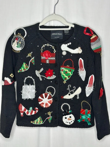 Vtg Christmas sweater Y2K Michael Simon beaded embellished cardigan Womens Small