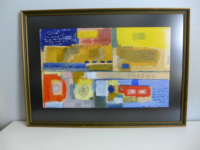 Abstract Mixed Media Painting Signed Hylemon Acrylic on Paper with Text Stories Coin Impressions Kilroy Was Here Framed Original