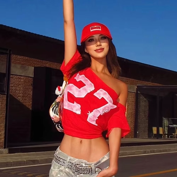 SylCue Casual Oversize Style T-Shirts Woman Letter Print Skew Collar Off Shoulder Short Sleeve Navel Exposed Street Fashion Tops - AliExpress 200000345