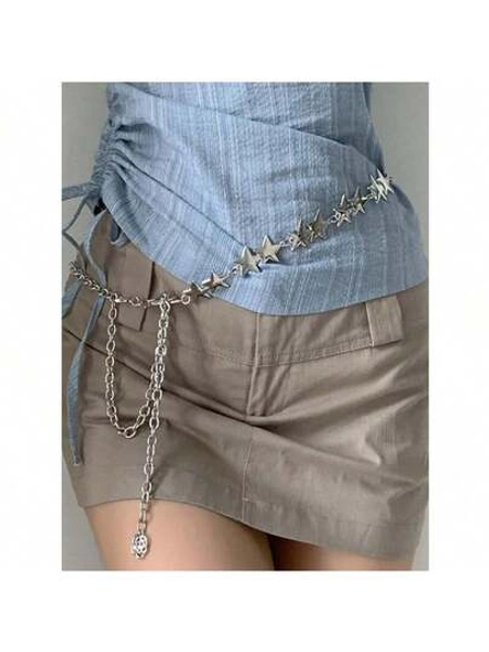 Silver Star Chain Belt Western Metal Belt For Women Punk Chain Belts For Dresses Jeans Waist Chain Belt Y2k Emo Body Jewelry