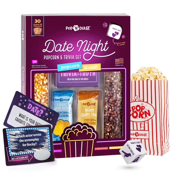 Date Night Scratch-Off Cards Movie Trivia Popcorn Gift Set - Ultimate Couple Games for Date Night at Home - Valentines Day Gifts For Her & Him