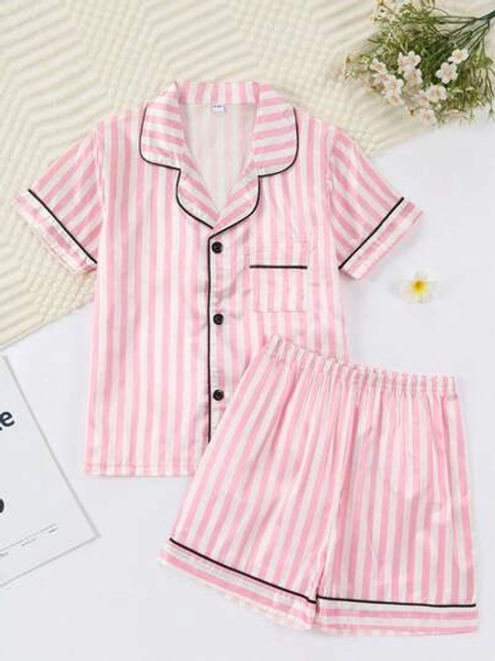 Girl's Pink And White Striped Pajamas Set, Short Sleeved Shorts Set, Suitable As A Gift For Children