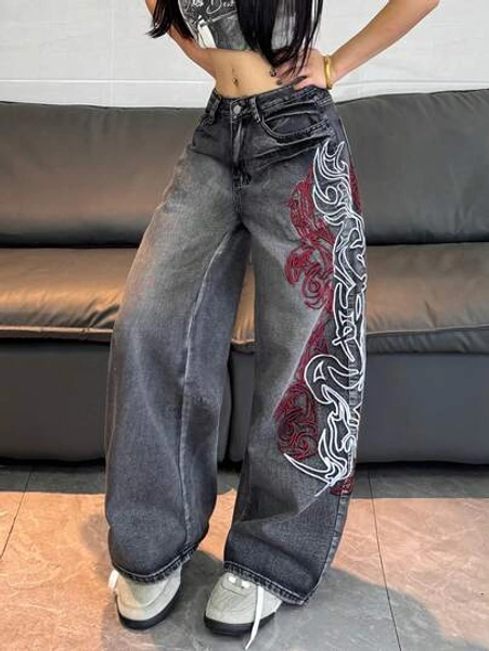 1pc Women's Loose Fit Embroidered Wide Leg Jeans, Comfortable Casual High Street Fashion Pants (Belt/Accessories Not Included) Spring Black - Size XL