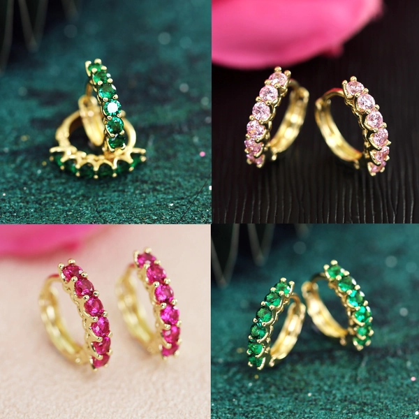 9K Gold Filled Hoop Earrings, Pink Ruby / Green Emerald / Pink Quartz Crystal Riviera Eternity Hoop, Wedding Gift / Bridesmaid Hoop Earrings