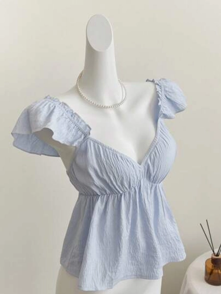 Elamini Blue Cute Girl Ruffle Trim Sexy Backless Low Neck Short Camisole Top
