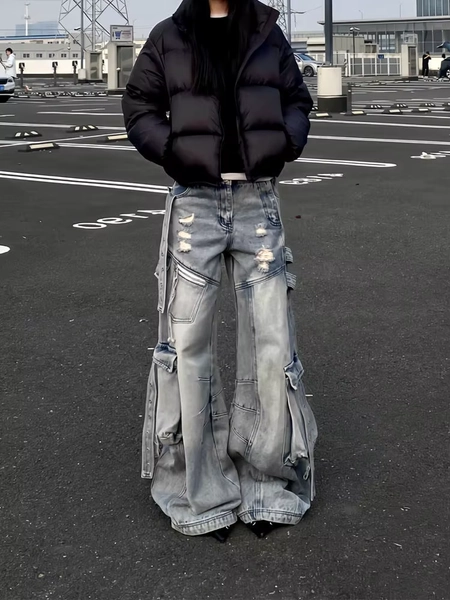 Hip hop Streamer Multiple Pockets Hole Women's Cargo Jeans Heavy Industry Punk Harajuku Cargo Pants for Men And Women - AliExpress 200000343