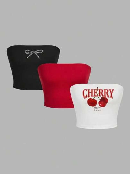 SHEIN EZwear 3pcs Women's Cherry Print, Bow & Rhinestone Decor Tight Casual Camisole Tops, Suitable For Summer