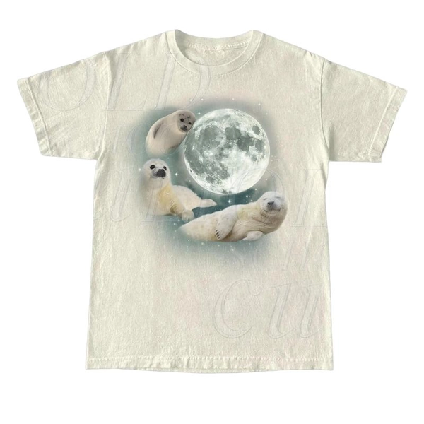 Three Baby Seal Vintage Graphic T-shirts, Retro Sea Dog Moon Tshirt, Relaxed Washed Unisex Adult Tee, Seal Lovers, Cute Sea Dog Tee Menswear Top Underwear Streetwear Oversized Shortsleeve