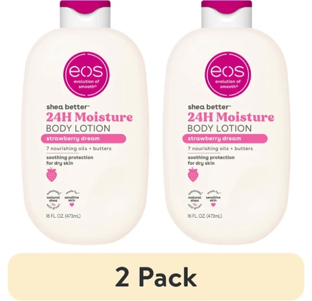 (2 pack) eos Strawberry Dream Body Lotion, 24 Hour Moisturizing Daily Body Moisturizer for Dry Skin with Shea Butter & Vitamin E, 16 fl oz