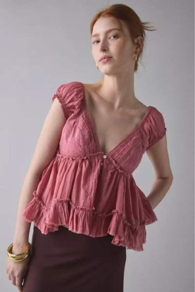 Kimchi Blue Izzy Lace Trim Button-Front Babydoll Blouse
