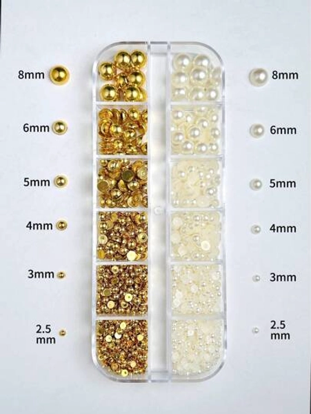 1 Box Random Mixed-Color Abs Flatback Faux Pearl Nail Charms Multi-Size Gold Pearl Nail Art Decorations Accessories Diy Nail Supplies Nails Nail Gems