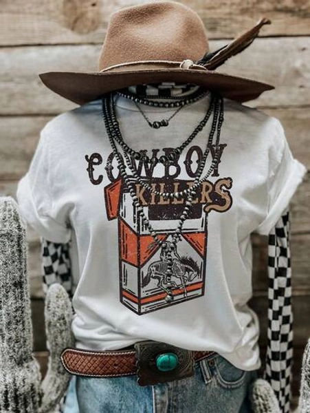 2025 Spring & Summer Casual Minimalist, Western Retro Cowboy Bar Motel Neon Light Print Khaki Women Crew Neck T-Shirt Vintage Graphic Tee, Suitable For Spring, Summer, Autumn, Outdoor Casual Wear
