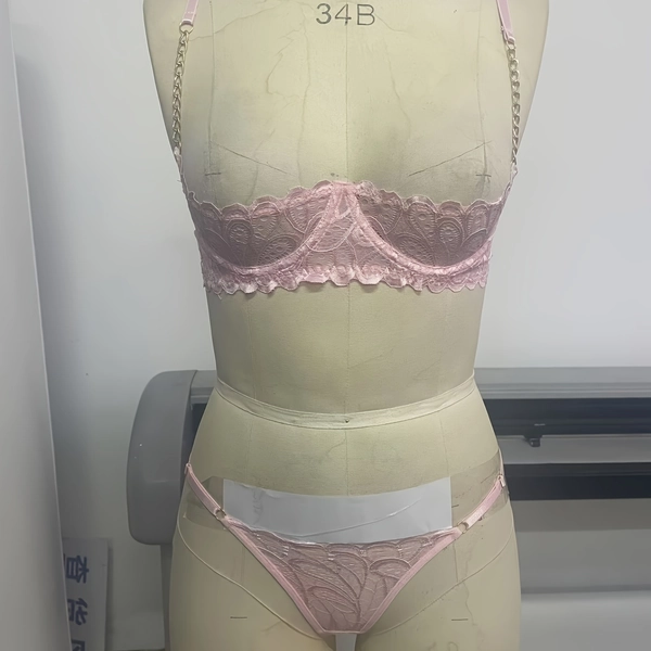 Pink Lace Half-Cup Bra with Metal Chain Decoration Women's Lingerie Set
