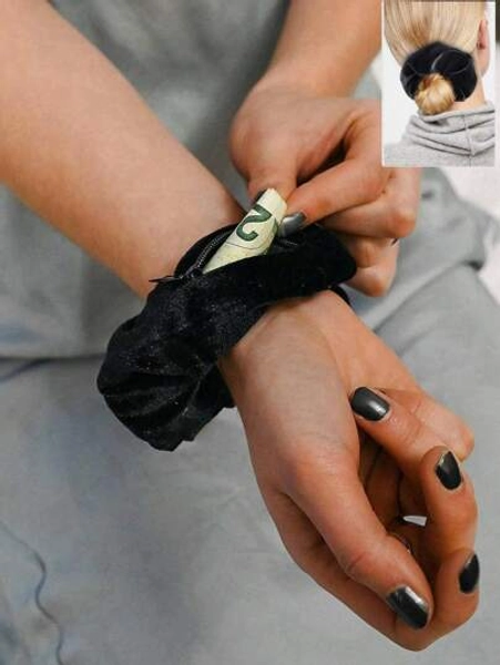 1pc Multi-Functional Hair Tie Storage Pouch - Portable Money Hider & Organizer, Non-Waterproof, Zippered Scrunchie Elastic Hair Tie With Secret Pocket For Keys, Cash, Headset, Accessory Storage - Fashionable Polyester Hair Band Accessory, Large Capacity Makeup Organizer Makeup Case, For Lipstick, Brush, Skincare, Mobile Phone, Coin, Small Items, For Home, Gift, Vacation And Festival Halloween Christmas Multifunctional Use Home Bathroom Decor Summer