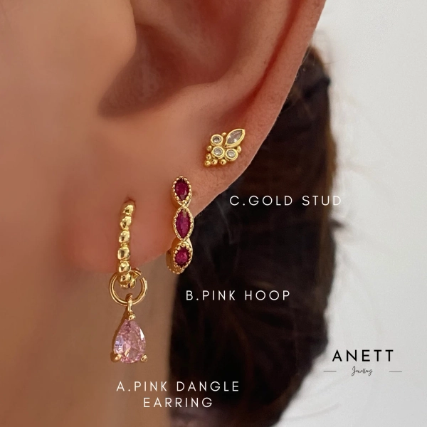 Pink Marquise Dangle Earring Set, Gold Plated Sterling Silver Studs