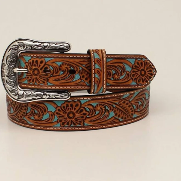 ARIAT Women's Floral Overlay Turquoise Underlay Genuine Leather Belt
