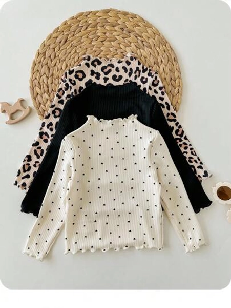 SHEIN 3pcs Baby Girls Casual All-Match Leopard Print & Polka Dot Pattern Knitted Long Sleeve Tops Fall Winter