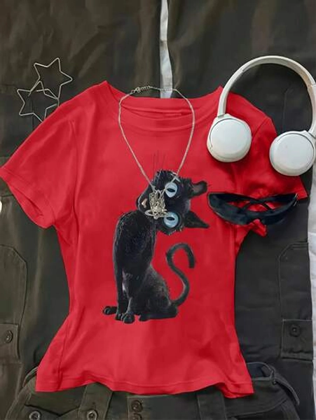 Women's Caroline Theme Printed T-Shirt - Blue Eyed Cat Pattern Top, Regular Fit, Machine Washable, All Season Fabric