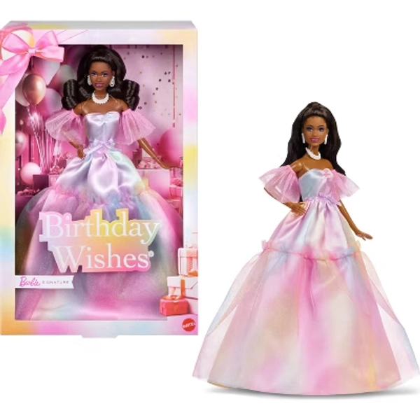 Barbie Signature Birthday Wishes Fashion Doll with Black Hair in Dress with Pastel Rainbow Effect