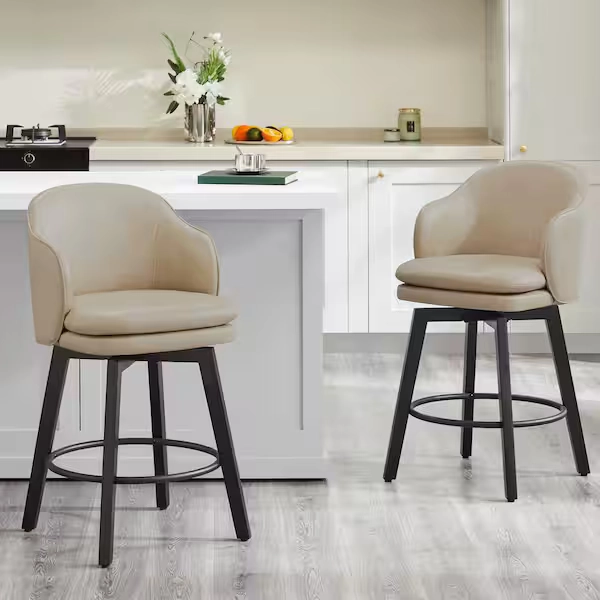 Spruce & Spring Zephyrine 26 in. Beige Low Back Swivel Counter Height Bar Stool with Leather Seat and Wood Frame (Set of 2) 2-SSBS7Y003-DN90-1