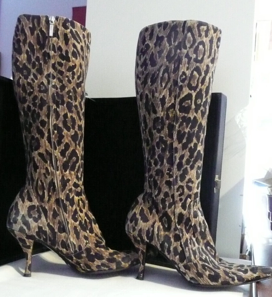DOLCE &amp; GABBANA LEATHER LEOPARD PRINT 3.5" HEEL SIDE ZIP TALL BOOTS SIZE 38 ~7.5